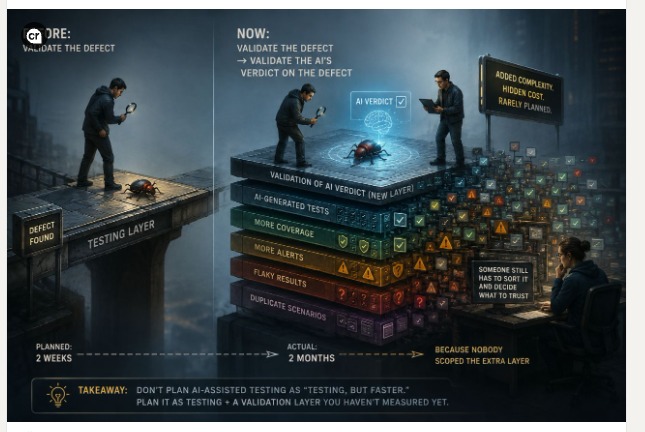 Before/now diagram: validating a defect now also means validating the AI's verdict on it, adding a hidden layer of AI-generated tests, coverage, alerts, and duplicate scenarios someone has to sort through