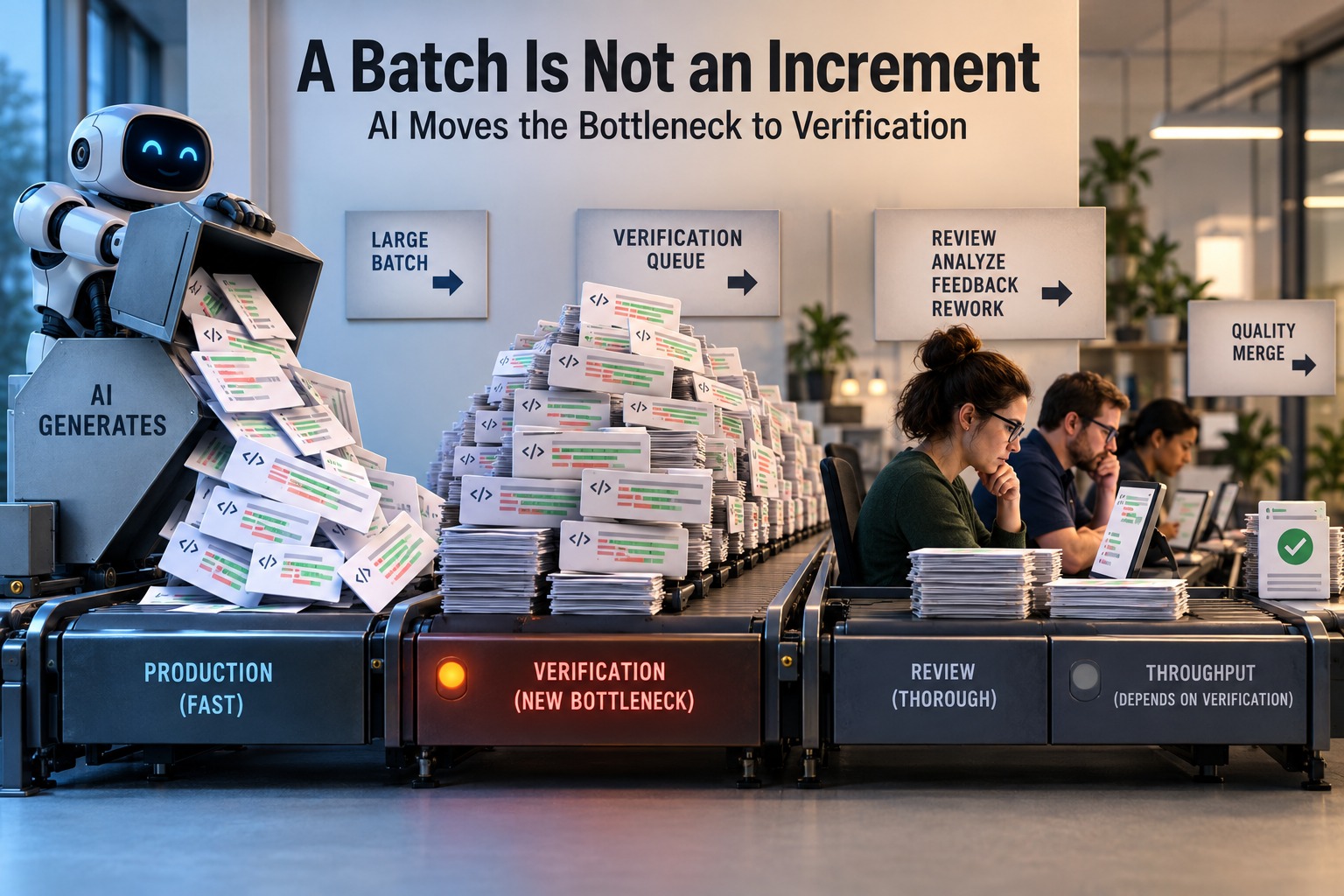 A robot pours a large batch of code cards onto a conveyor; the pile stalls at a red section labelled verification, the new bottleneck, while human reviewers work through it