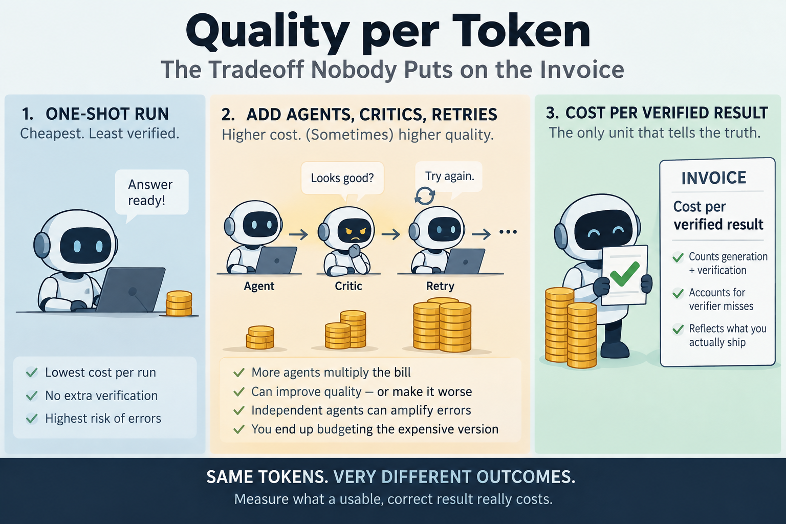 Three-panel illustration: a lone robot doing a cheap one-shot run, a chain of agent, critic and retry robots with growing coin stacks, and a robot holding an invoice for cost per verified result