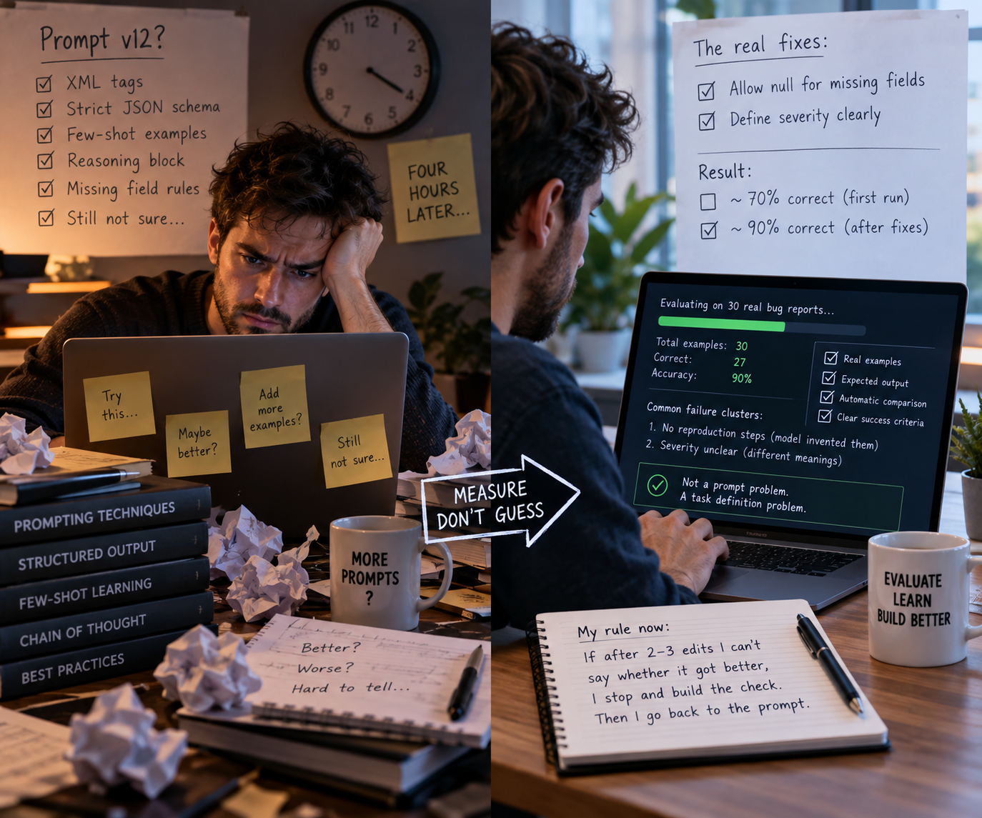 Two-panel illustration: a tired developer surrounded by prompting books, sticky notes and crumpled paper after four hours of guessing, then the same developer running an evaluation on 30 real examples and writing down a rule to measure first
