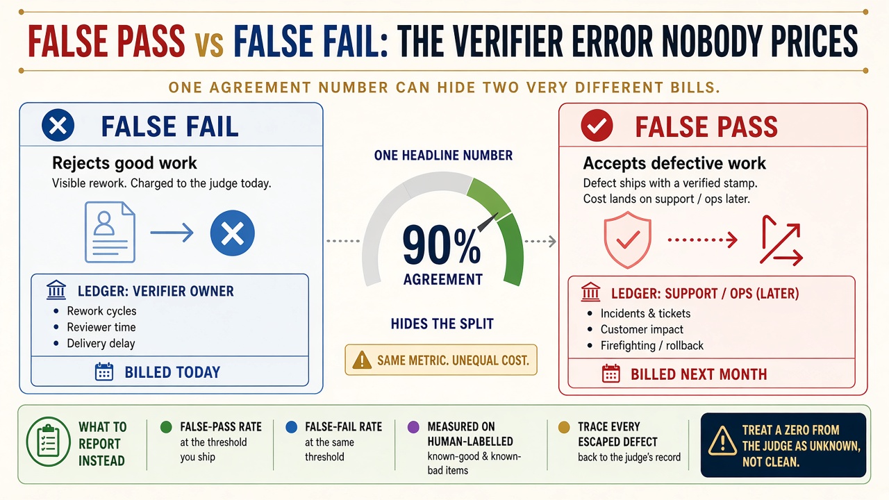 Infographic: a 90 percent agreement gauge in the middle hides the split between a false fail on the left, rejected good work billed to the verifier owner today, and a false pass on the right, defective work accepted and billed to support and ops next month; a bottom strip lists what to report instead